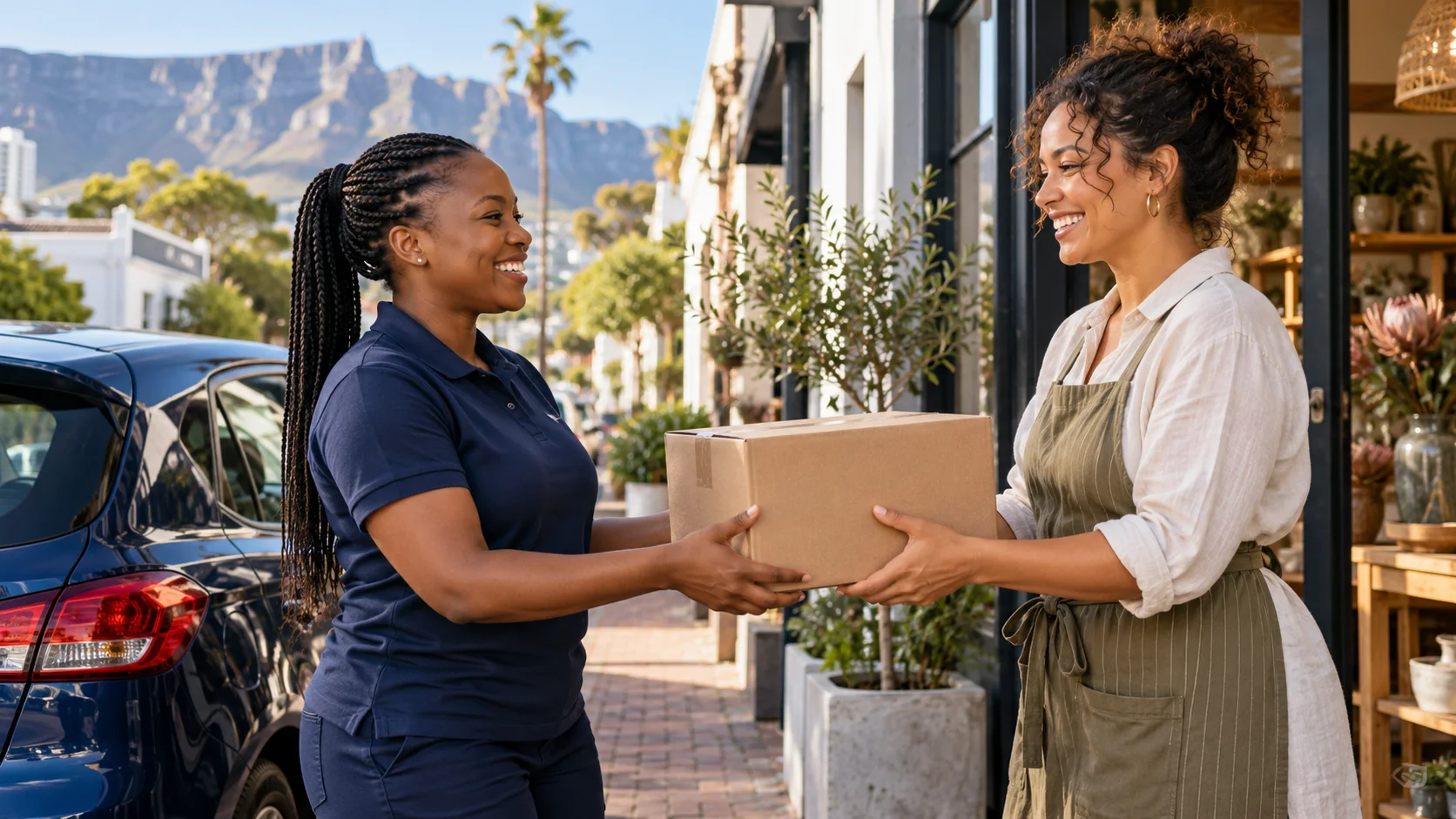 A courier handing a parcel to a small-business owner outside a Cape Town shop